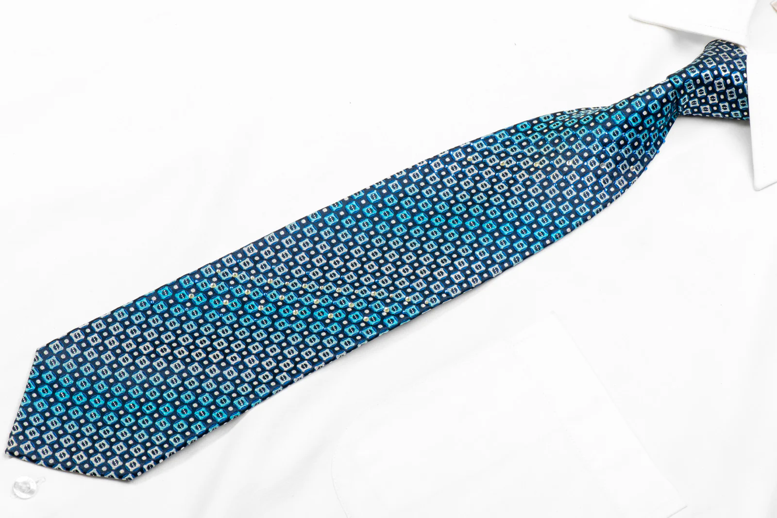 Geometric Checkered Rhinestone Necktie With Silver Sparkles - Image 3