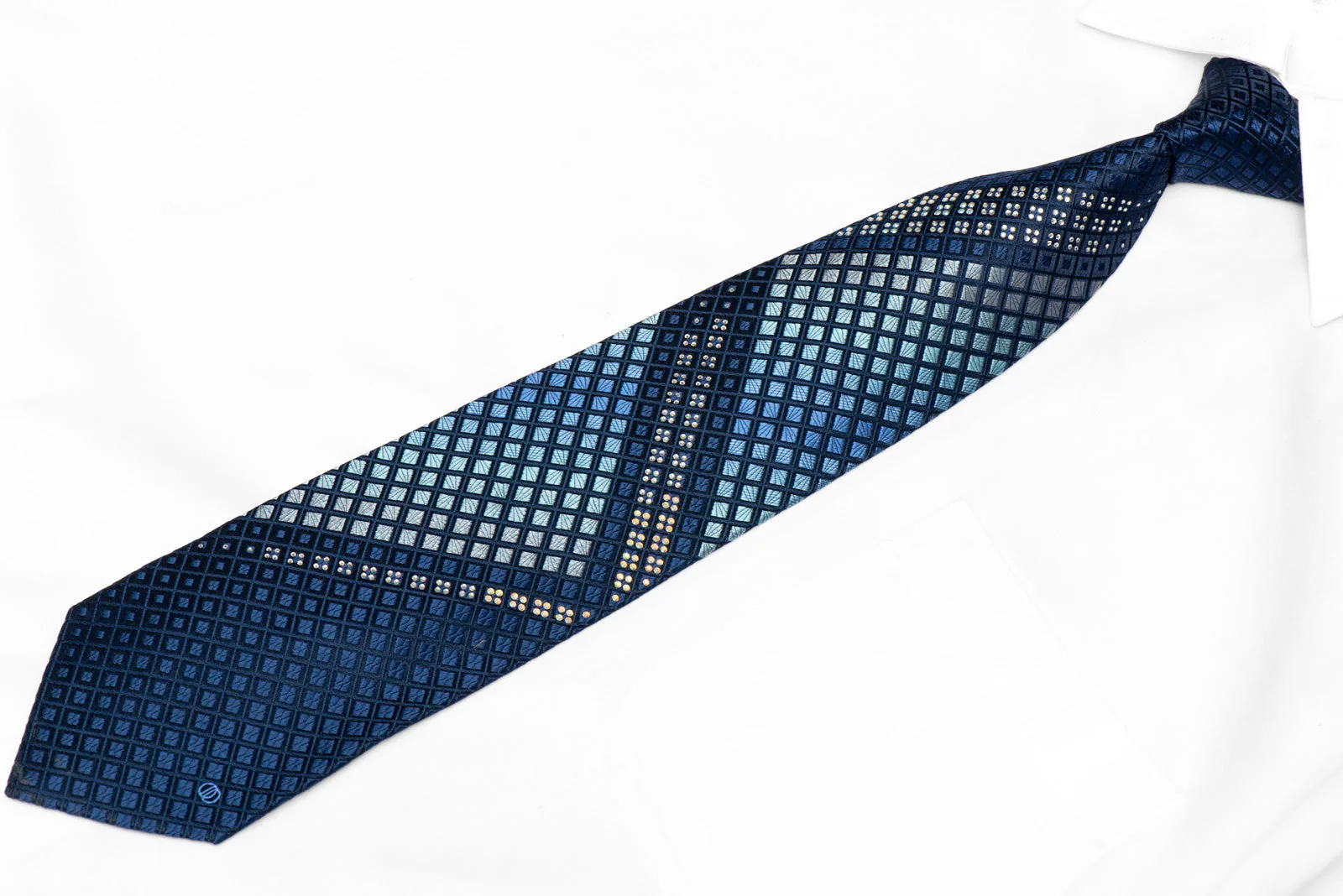 Geometric Chevron Pattern On Navy Rhinestone Silk Necktie - Image 2