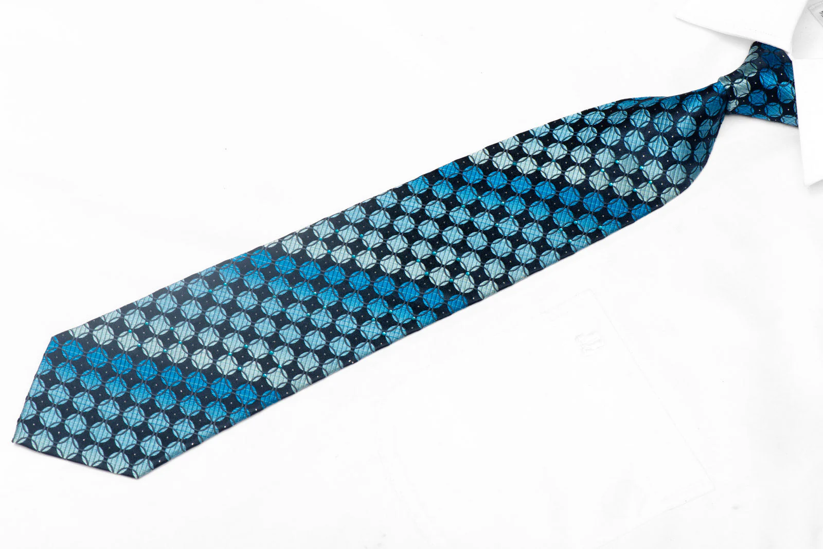 Geometric Design On Navy Blue Silk Rhinestone Tie With Silver Sparkles - Image 2