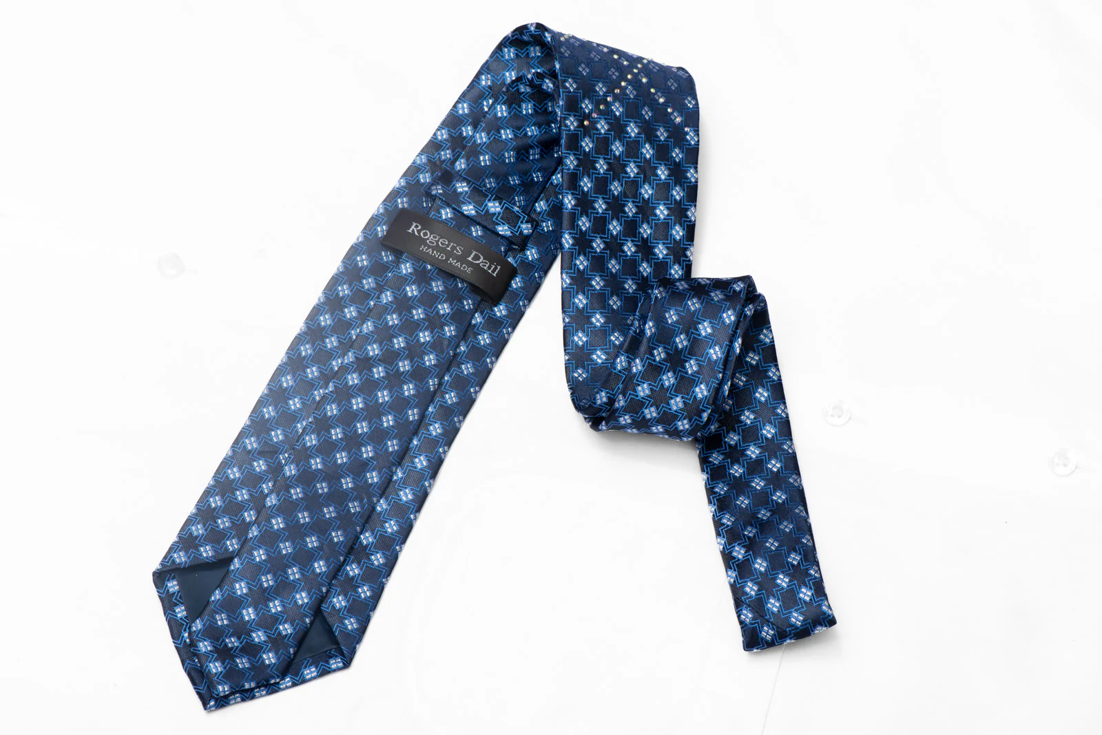 Geometric Design On Navy Rhinestone Silk Tie With Silver Sparkles - Image 3