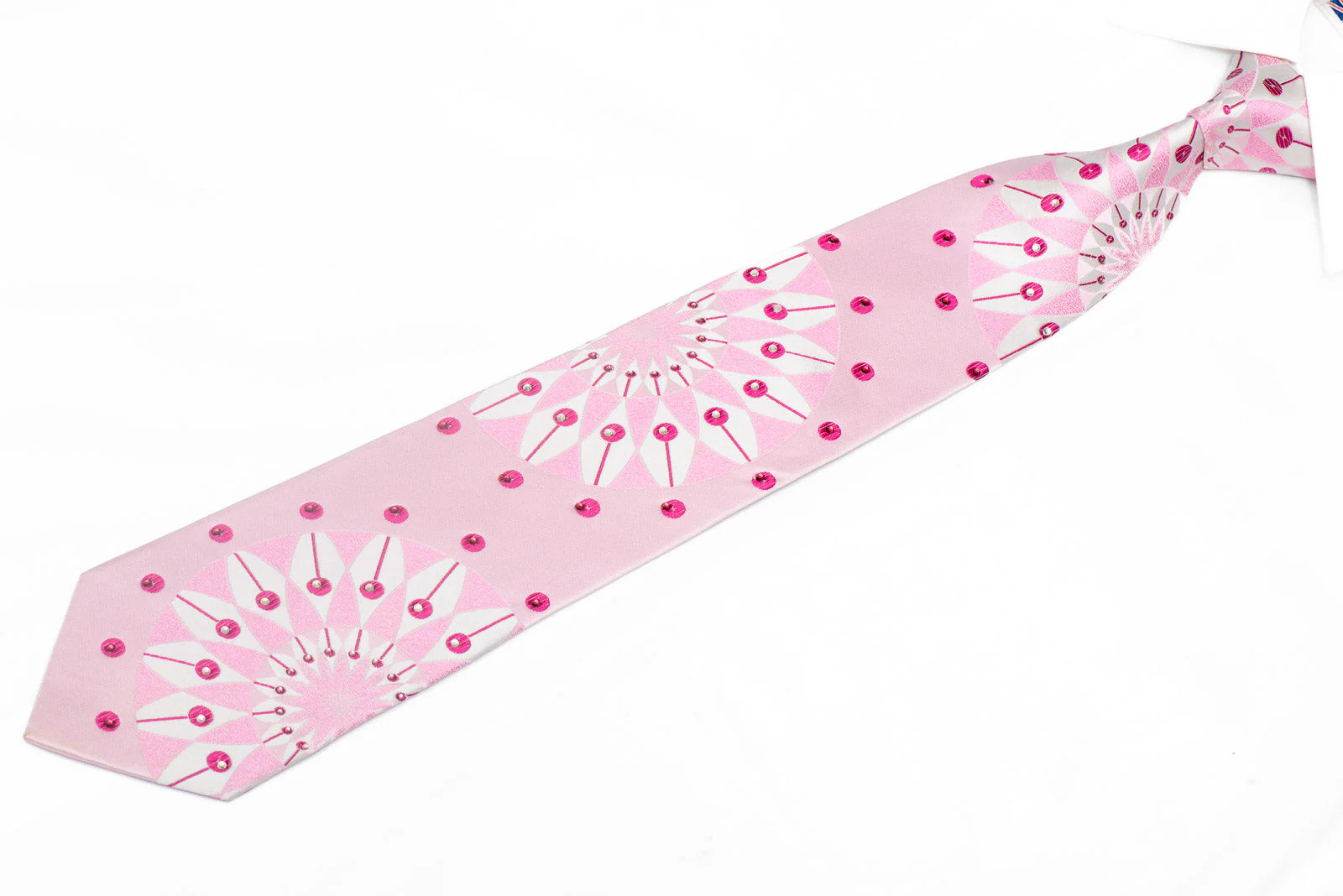 Geometric Design On Pink Rhinestone Silk Necktie - Image 2