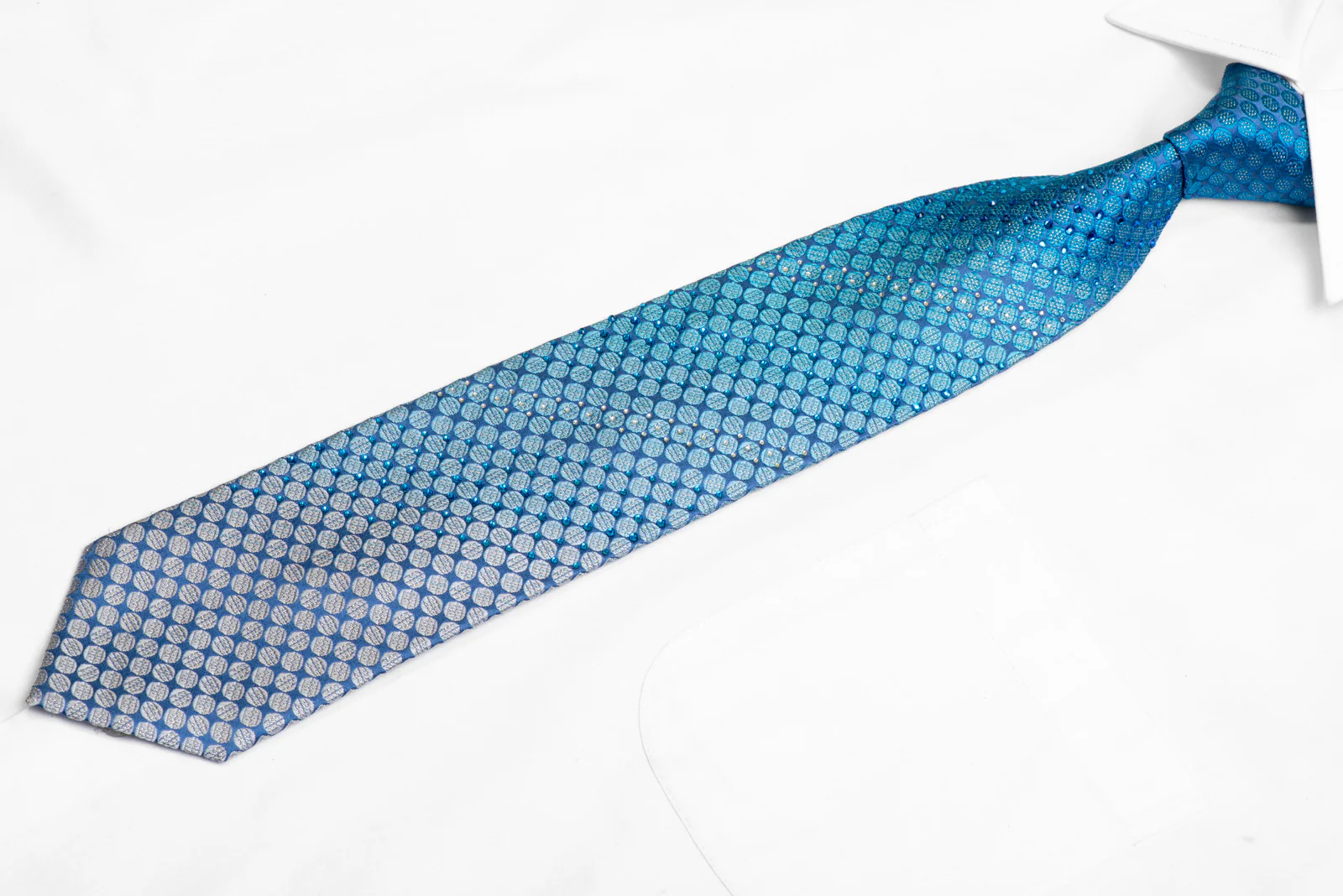 Geometric Dots On Blue Rhinestone Silk Necktie With Silver Sparkles - Image 3