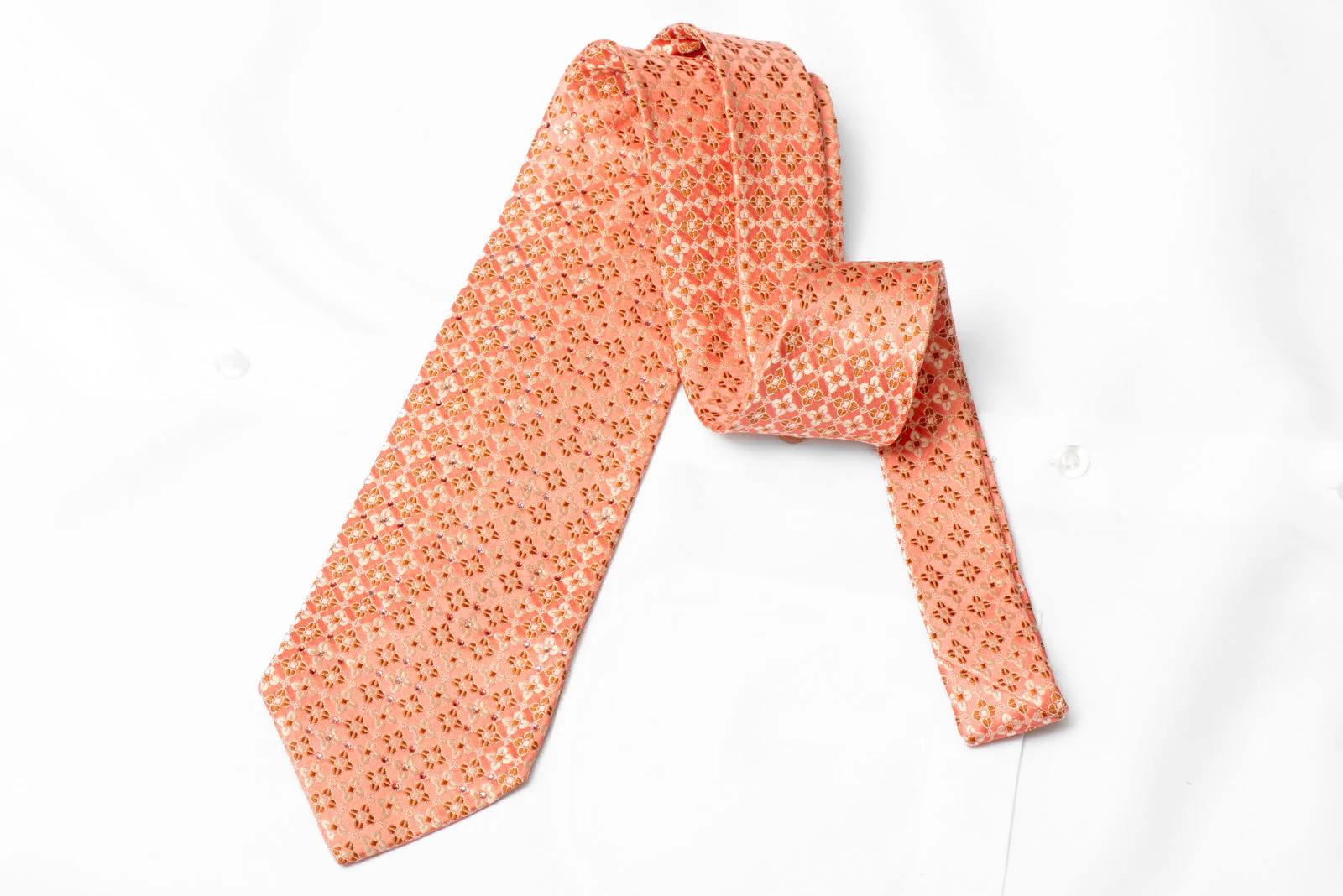 Geometric Floral On Peach Orange Rhinestone Silk Tie With Sparkles - Image 3