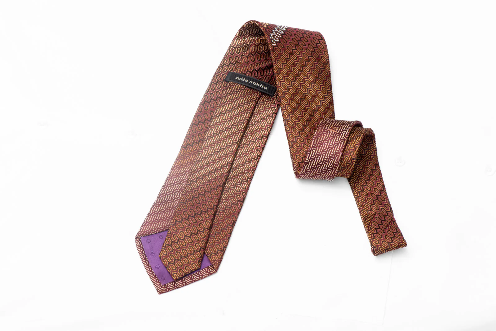 Geometric On Brown Rhinestone Silk Necktie With Gold Sparkles - Image 3