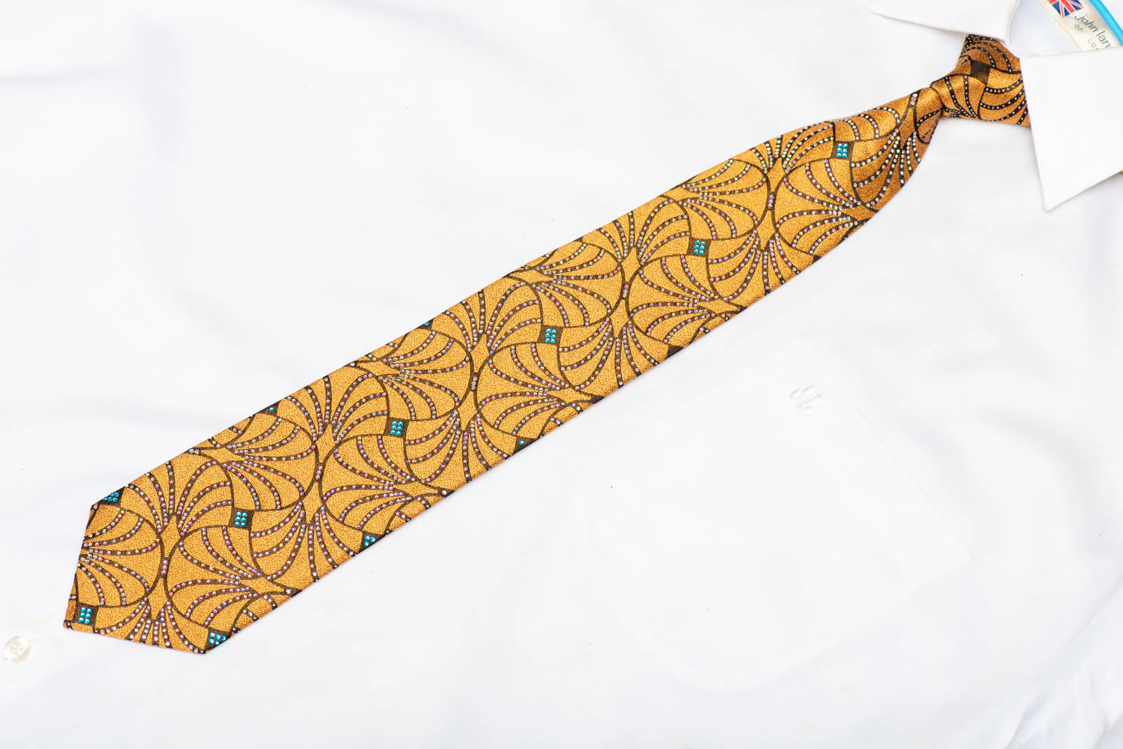 Geometric On Gold Yellow Rhinestone Silk Tie - Image 2