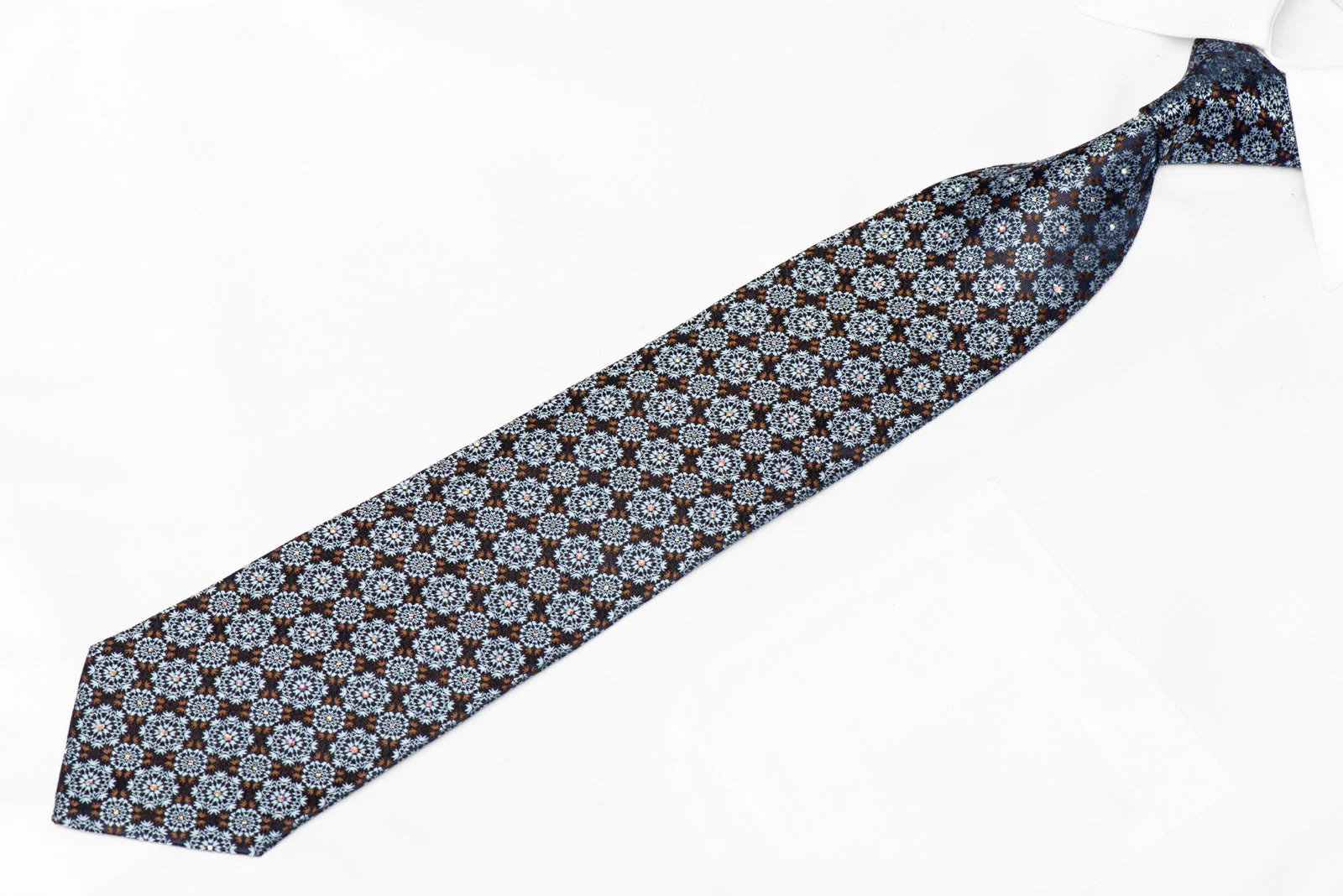 Geometric On NAvy Rhinestone Tie With Metallic Silver Sparkles - Image 2