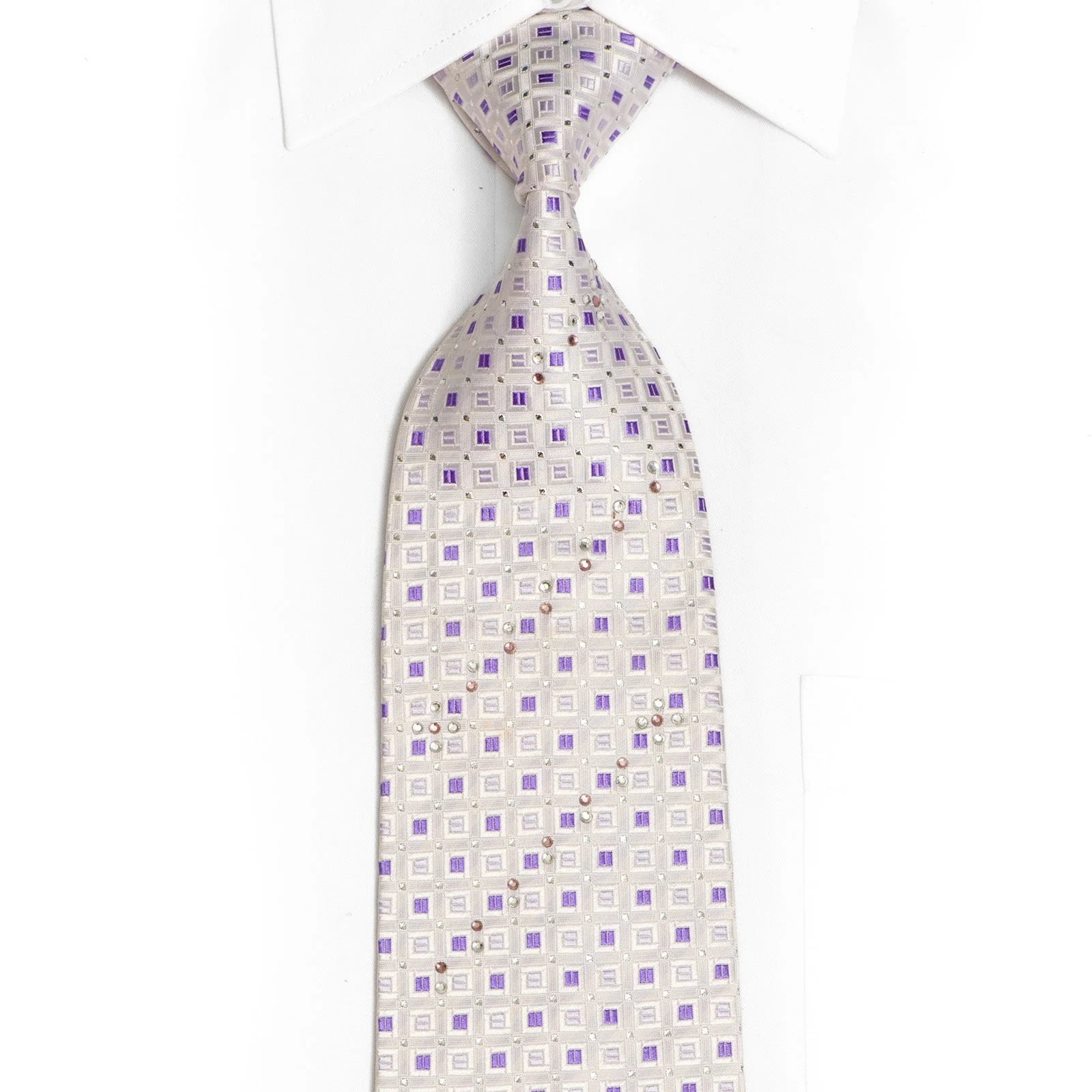 Geometric On White Rhinestone Silk Necktie With Silver Sparkles