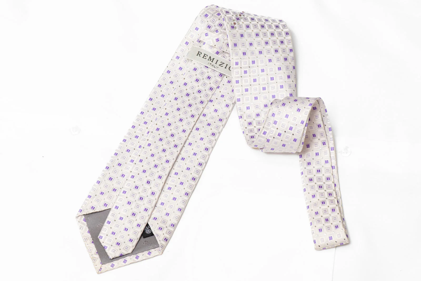 Geometric On White Rhinestone Silk Necktie With Silver Sparkles - Image 3
