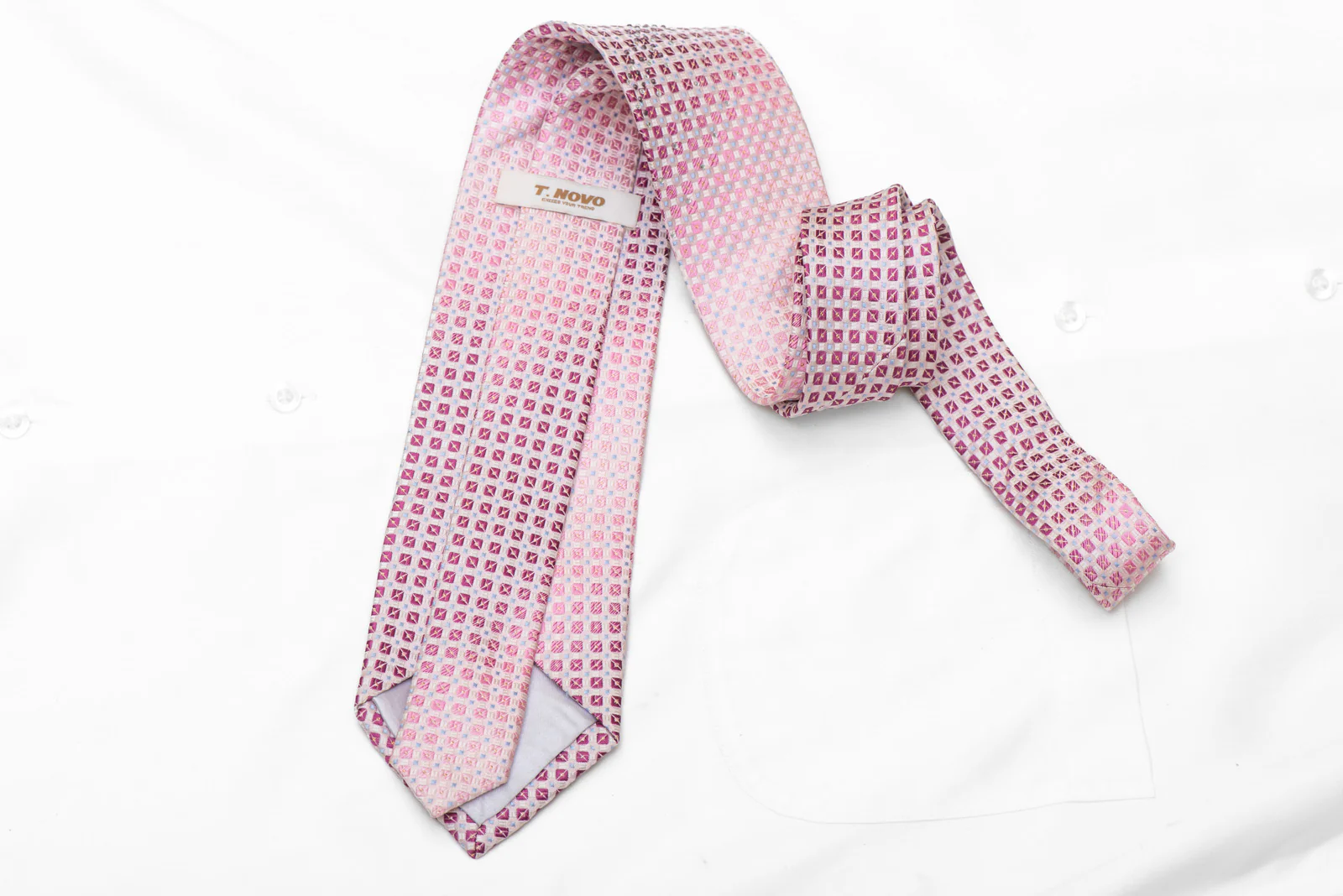 Geometric Squares On Pink Rhinestone Silk Necktie With Silver Sparkles - Image 4