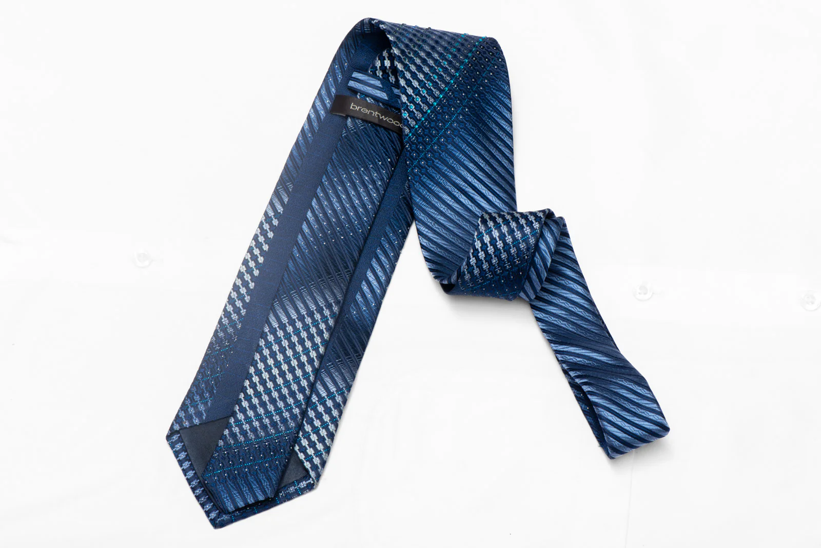 Geometric Striped Design On Blue Rhinestone Silk Necktie With Sparkles - Image 3