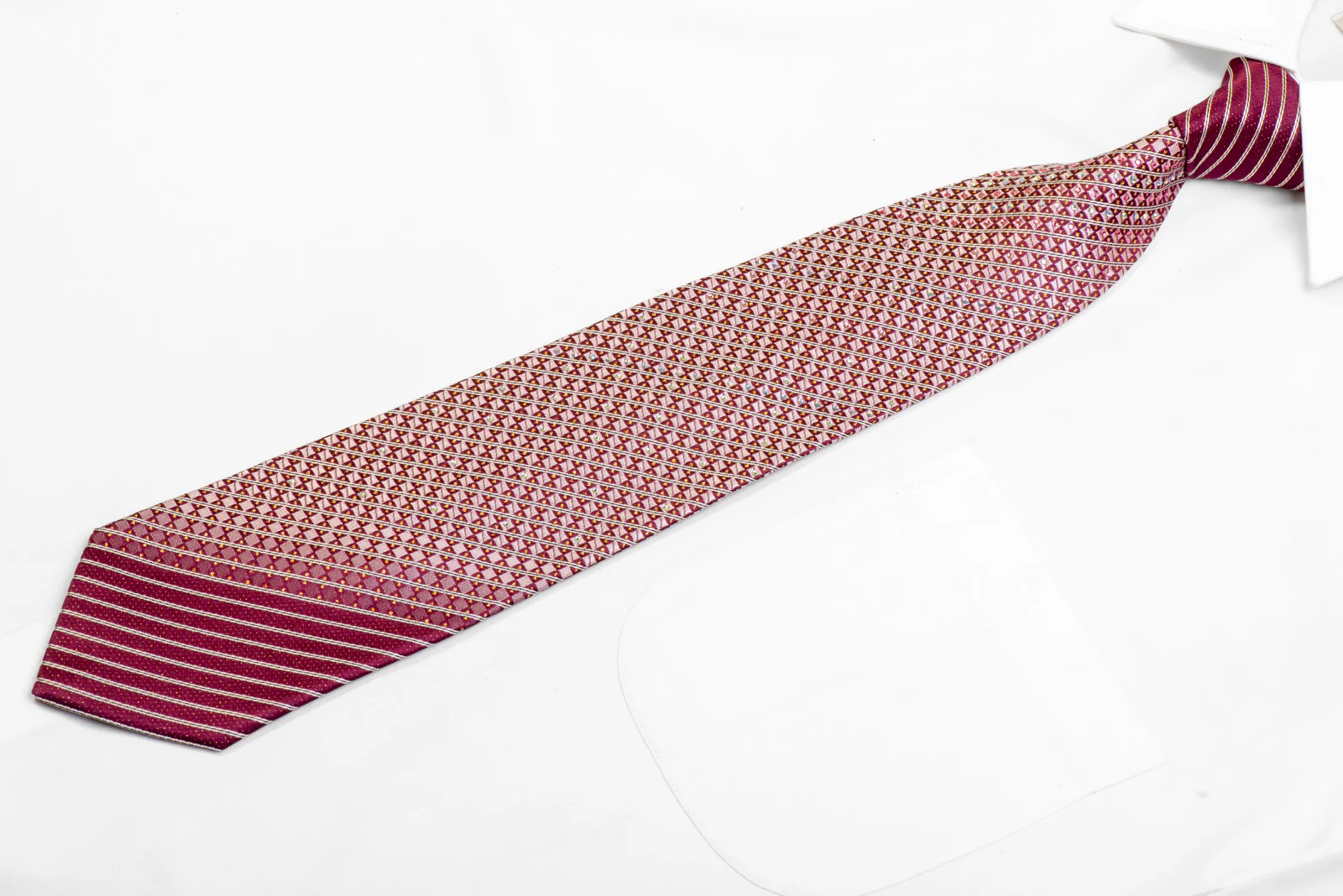 Geometric Striped On Burgundy Rhinestone Necktie With Gold Sparkles - Image 3