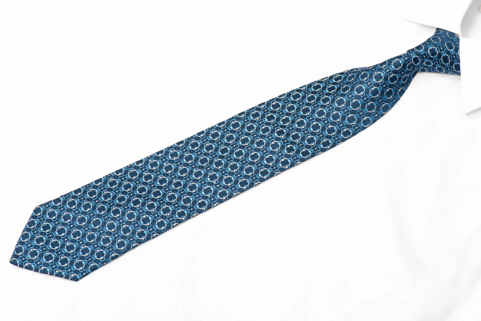 Interlocking Chain On Dark Blue Rhinestone Silk Necktie With Silver Sparkles - Image 3