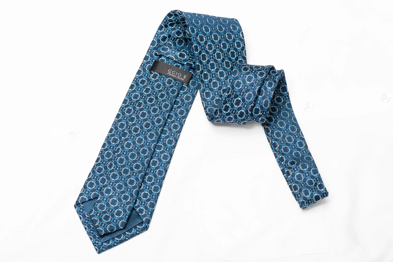 Interlocking Chain On Dark Blue Rhinestone Silk Necktie With Silver Sparkles - Image 4