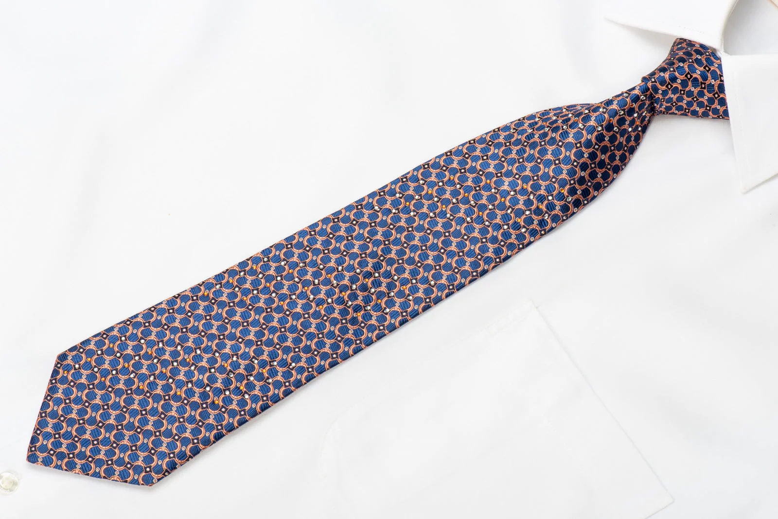 GGio Men's Crystal Silk Tie Orange Blue Geometric With Silver Sparkles - Image 3