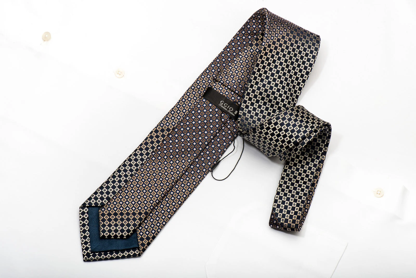 GGio Mens Silk Necktie Gold Navy Checkered Sparkling With Crystal Rhinestones - Image 5