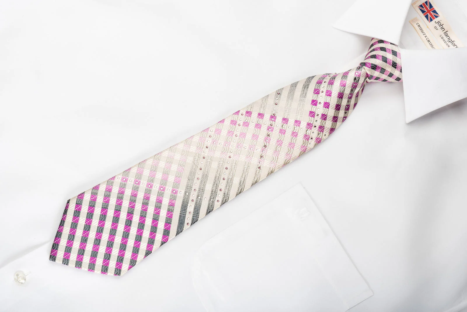 GGio Rhinestone Silk Necktie Silver Purple Striped On White With Sparkles - Image 4