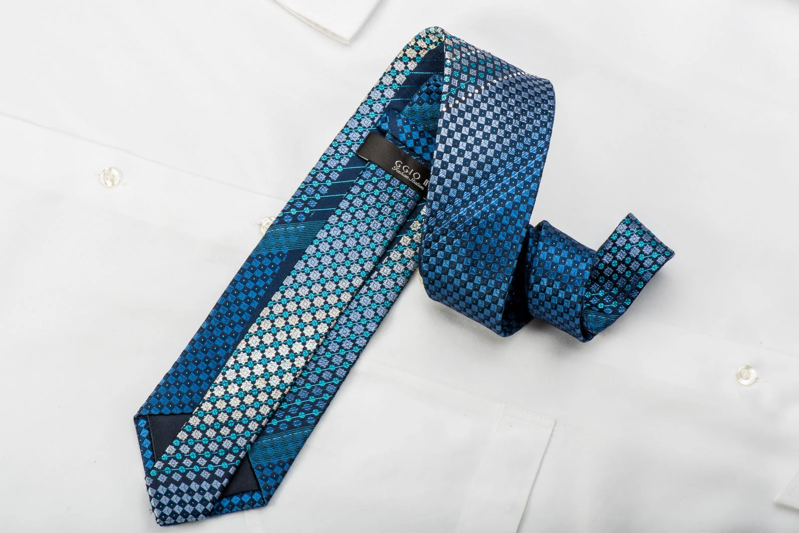 GGio Rhinestone Silk Tie Geometric On Blue With Blue Sparkles - Image 3