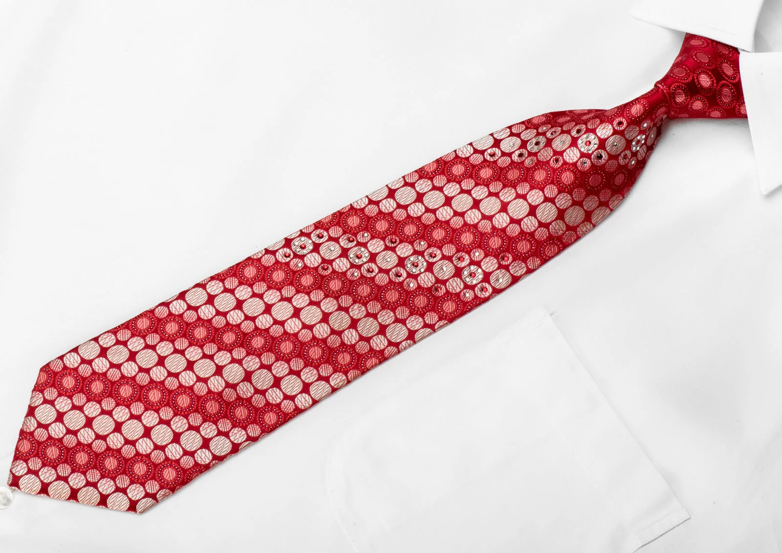 Giorgio Ferri Men's Crystal Rhinestone Silk Tie Circles On Red With Sparkles - Image 3