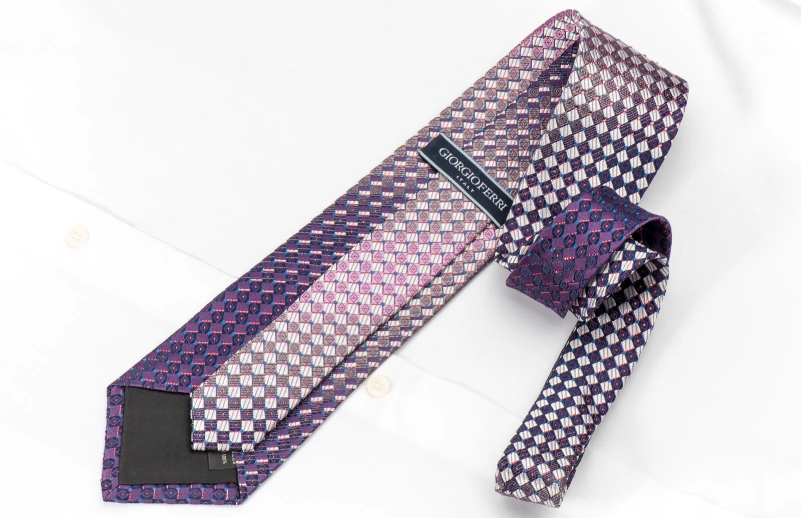 Giorgio Ferri Men's Silk Rhinestone Necktie Silver Purple Checkered With Purple Sparkles - Image 3