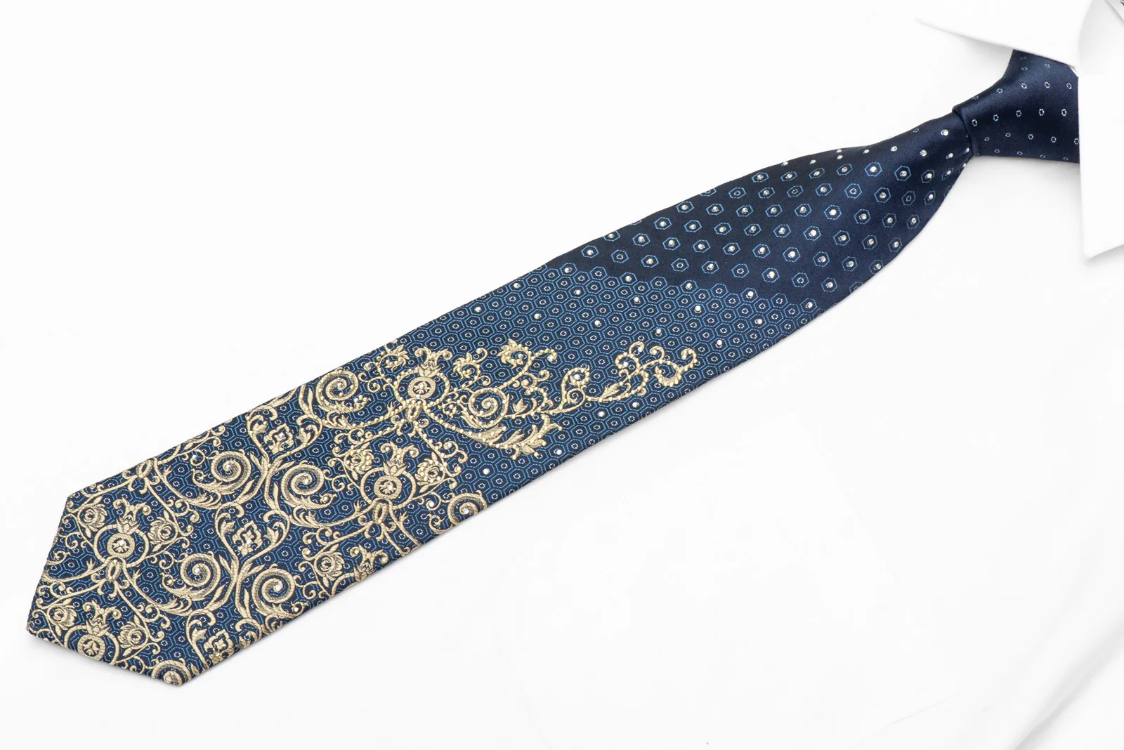 Gold Acanthus Scrolls On Blue Rhinestone Tie With Silver Sparkles - Image 3