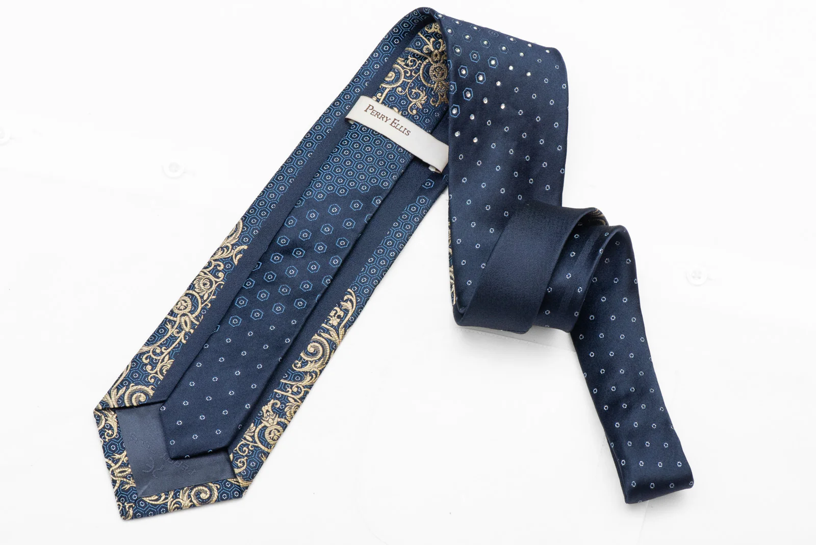 Gold Acanthus Scrolls On Blue Rhinestone Tie With Silver Sparkles - Image 5