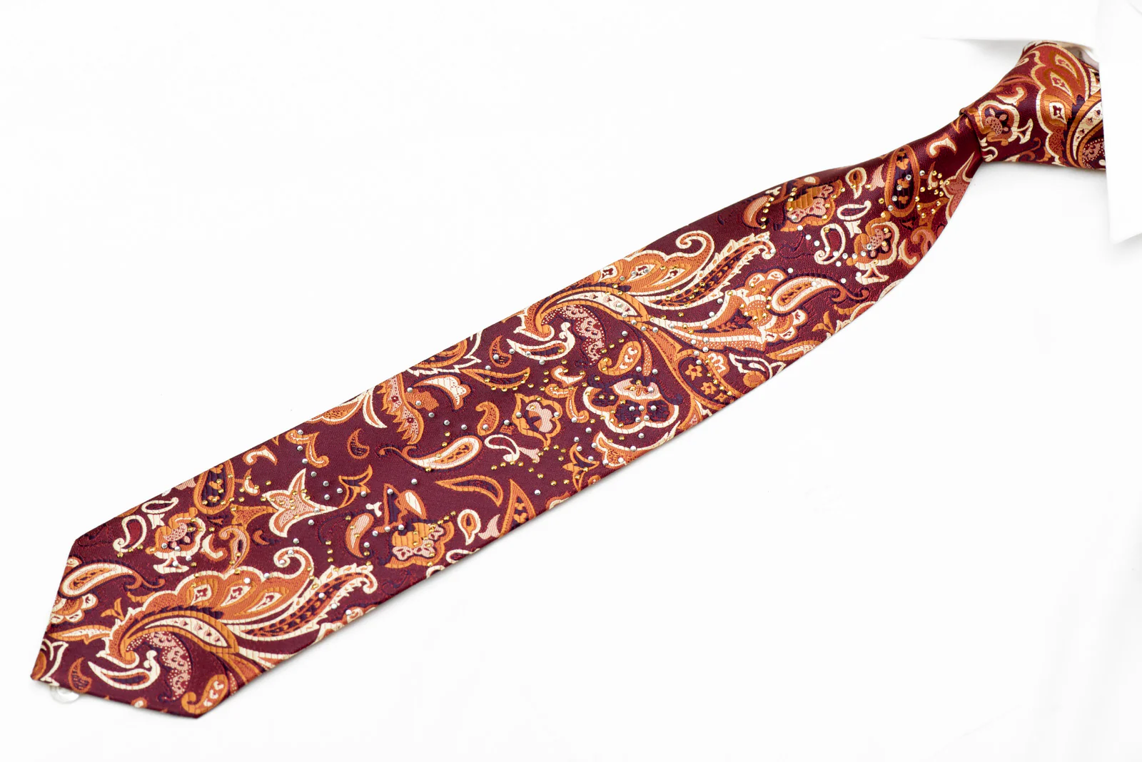 Gold Anthemion On Burgundy Rhinestone Tie With Gold Studs - Image 3