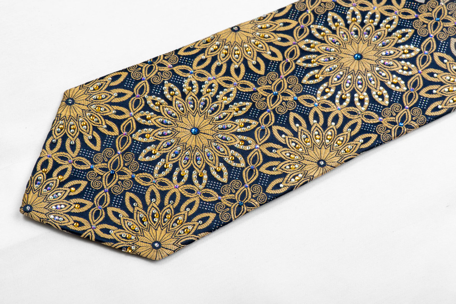 Gold Arabesque On Navy Rhinestone Silk Necktie With Silver Sparkles - Image 3