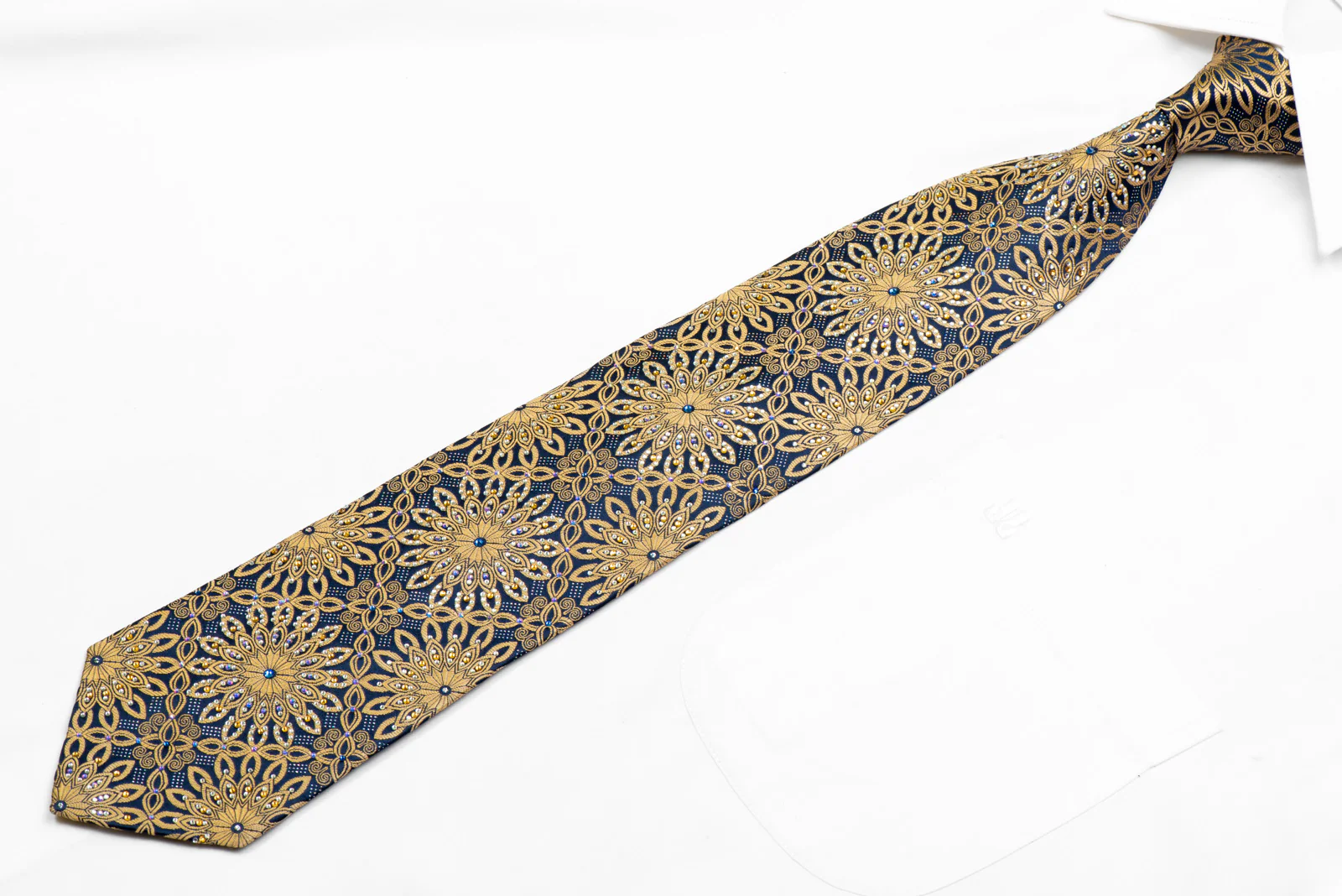 Gold Arabesque On Navy Rhinestone Silk Necktie With Silver Sparkles - Image 4