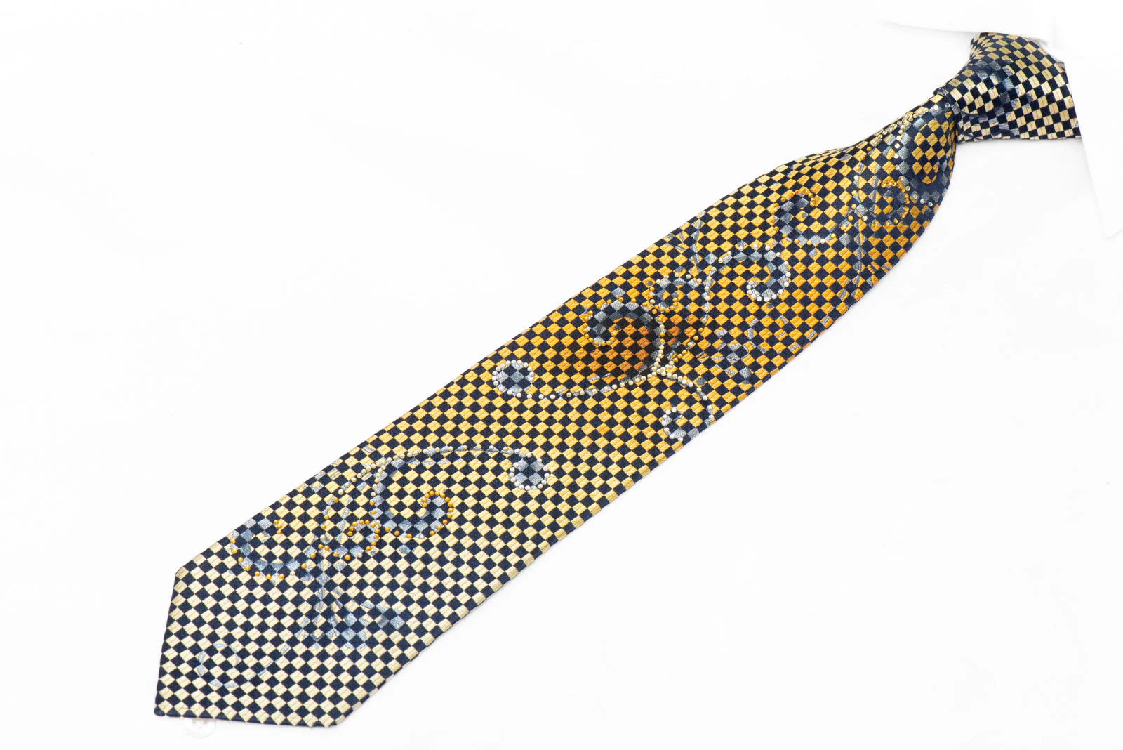 Golden Yellow & Navy Checkered Woven Silk Rhinestone Tie with Crystal Scrolls Design - Image 2
