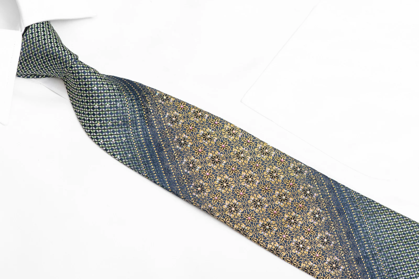 Gold Cartouche Green Geometric On Navy Rhinestone Silk Necktie With Gold Sparkles - Image 2