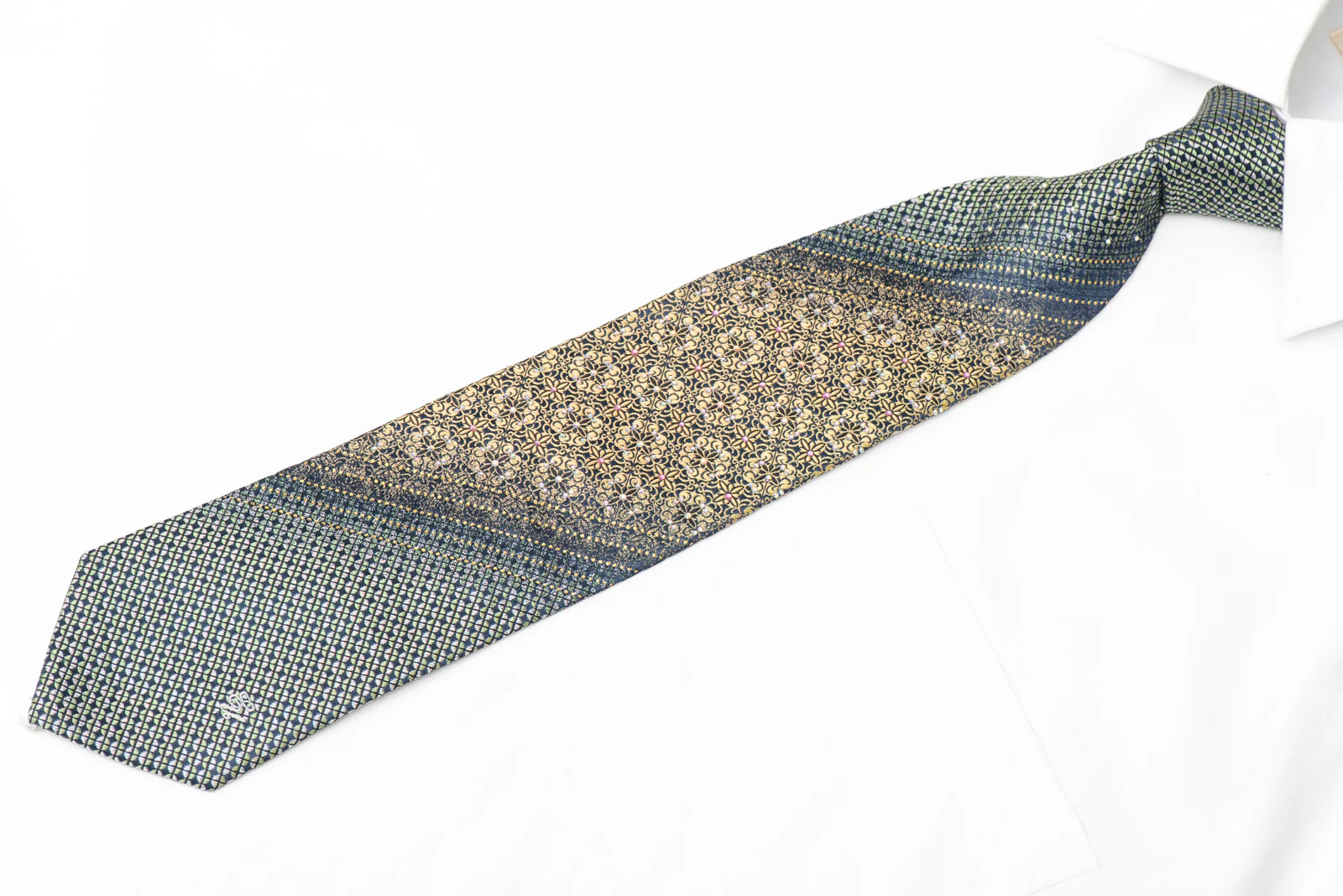 Gold Cartouche Green Geometric On Navy Rhinestone Silk Necktie With Gold Sparkles - Image 3