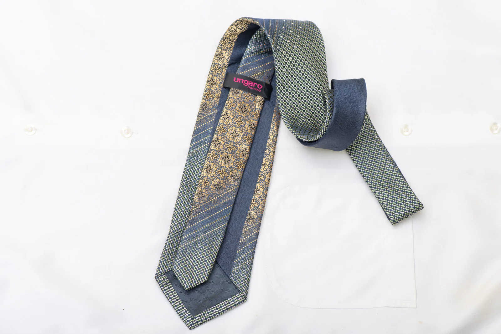 Gold Cartouche Green Geometric On Navy Rhinestone Silk Necktie With Gold Sparkles - Image 4