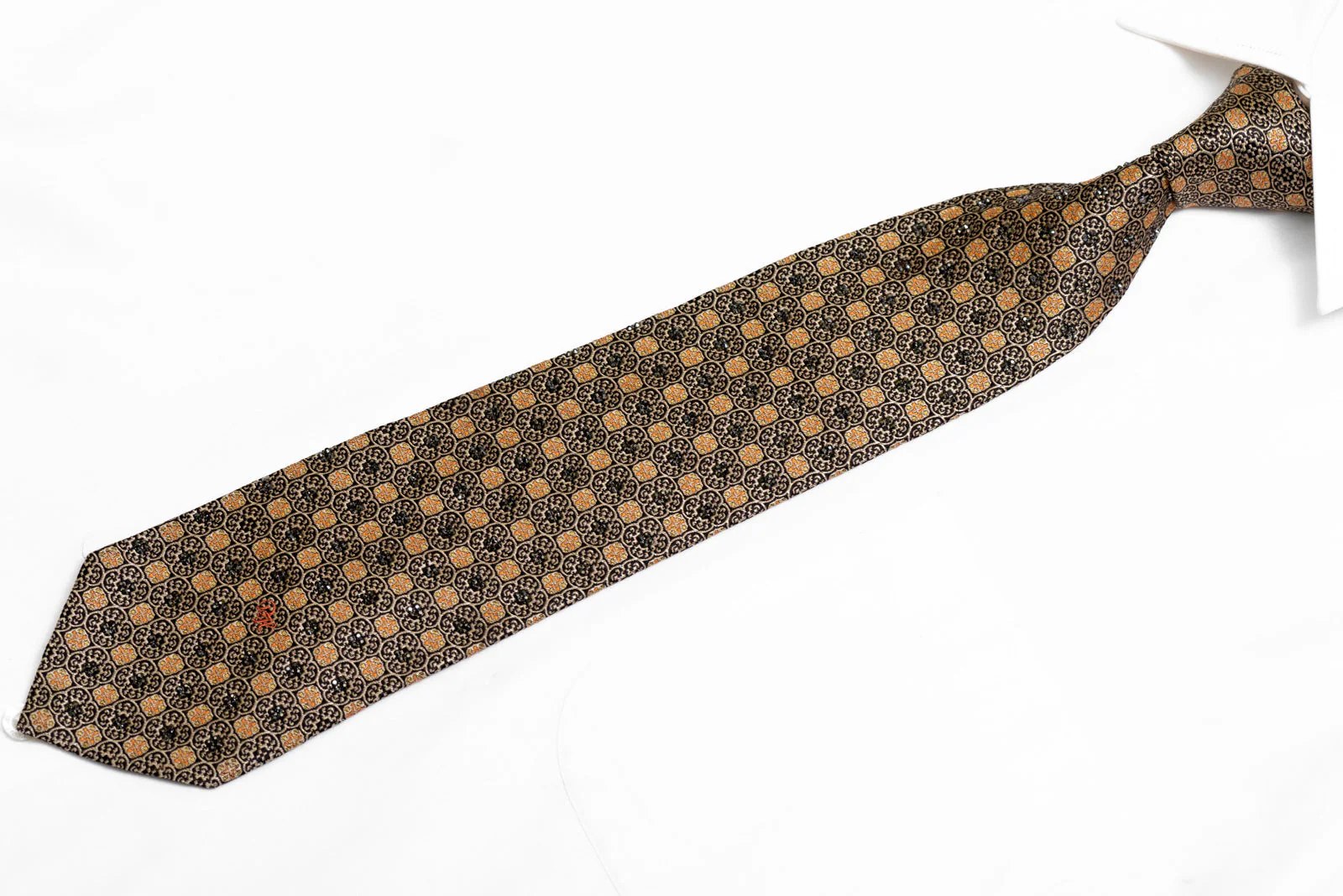 Gold Cartouche On Black Rhinestone Silk Necktie With Gold Sparkles - Image 3