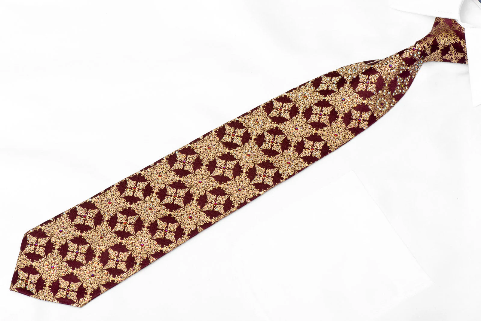 Gold Cartouche On Burgundy Rhinestone Silk Tie With Gold Sparkles - Image 2