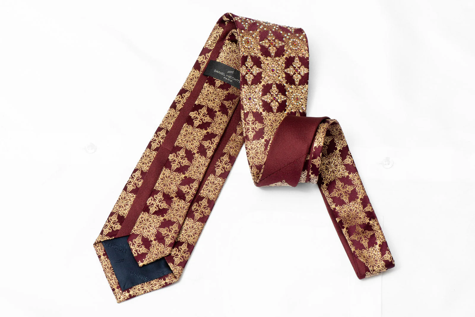 Gold Cartouche On Burgundy Rhinestone Silk Tie With Gold Sparkles - Image 3