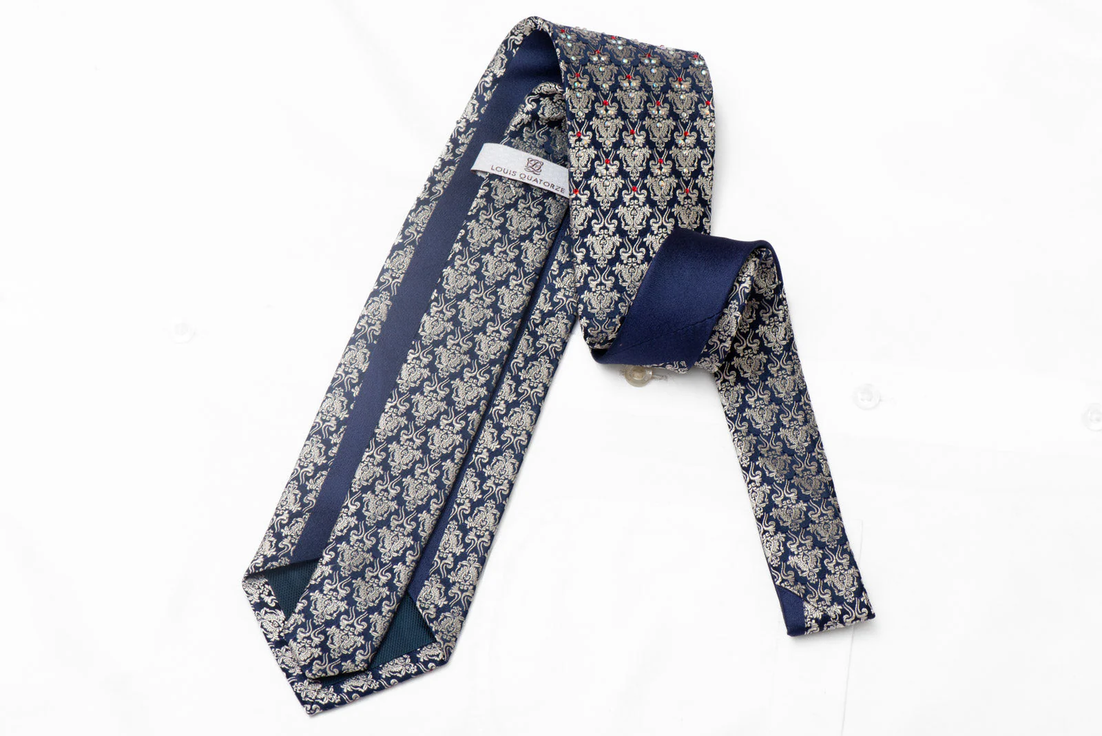 Gold Cartouche On Navy Blue Rhinestone Silk Necktie - Image 4