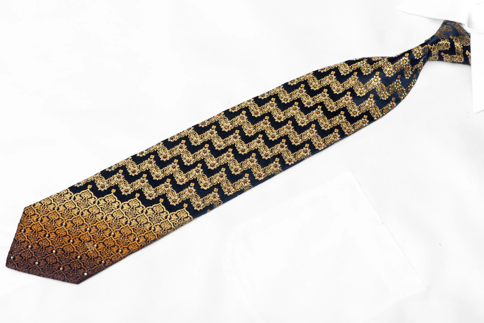 Gold Cartouche On Navy RhineStone Tie With Gold Sparkles - Image 2
