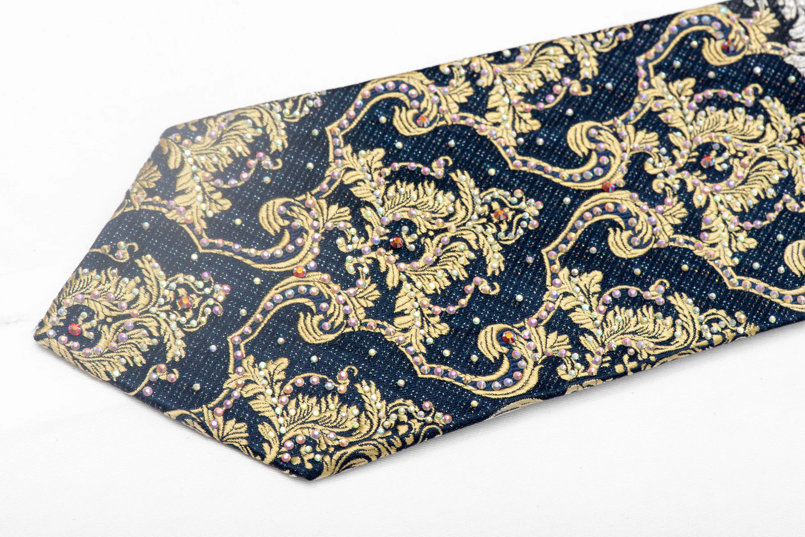 Gold Damask On Navy Rhinestone Silk Tie With Silver Sparkles - Image 3