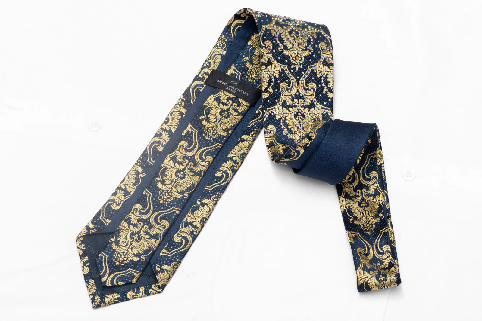 Gold Damask On Navy Rhinestone Silk Tie With Silver Sparkles - Image 4