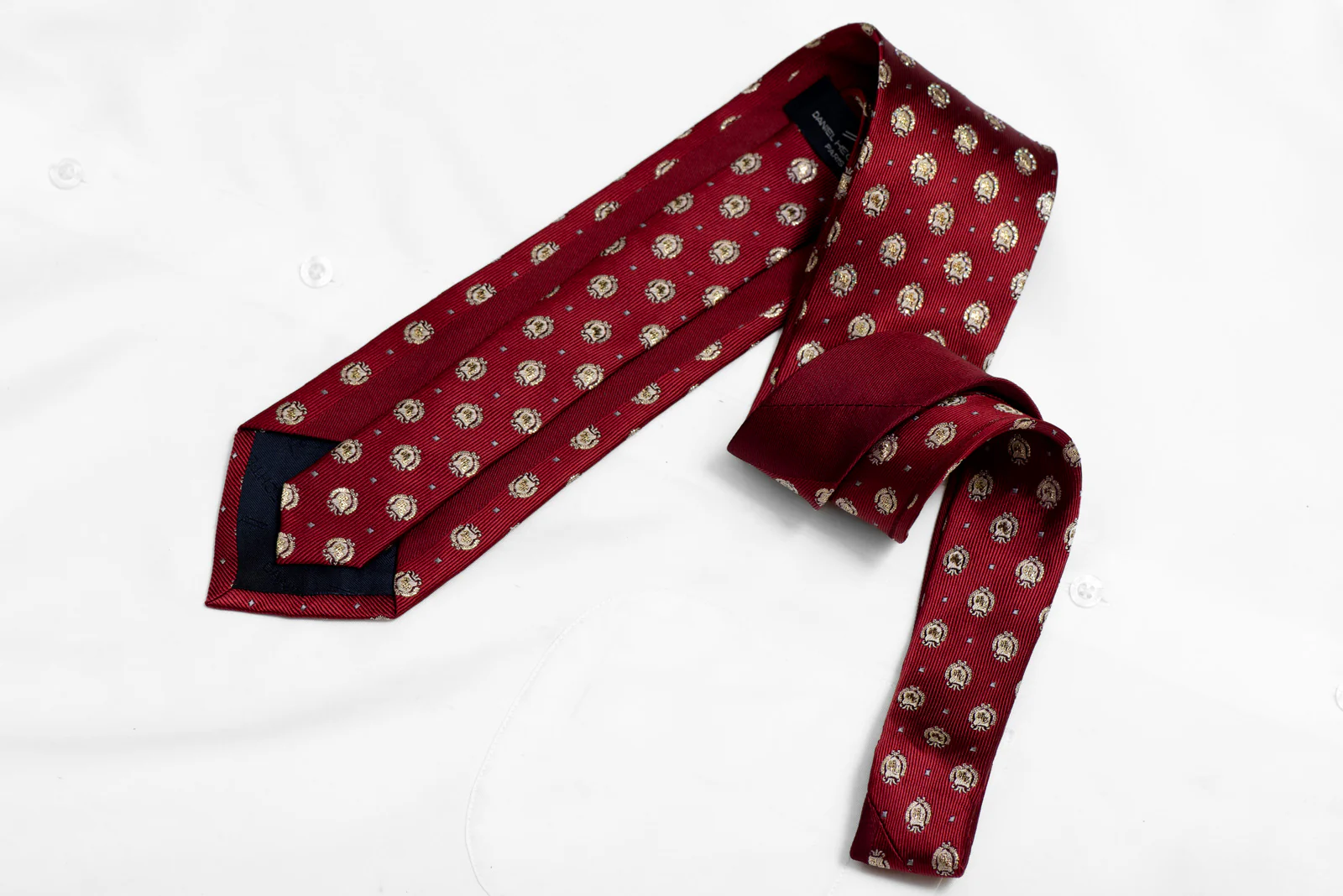 Gold Emblem On Burgundy Rhinestone Silk Necktie With Gold Sparkles - Image 4