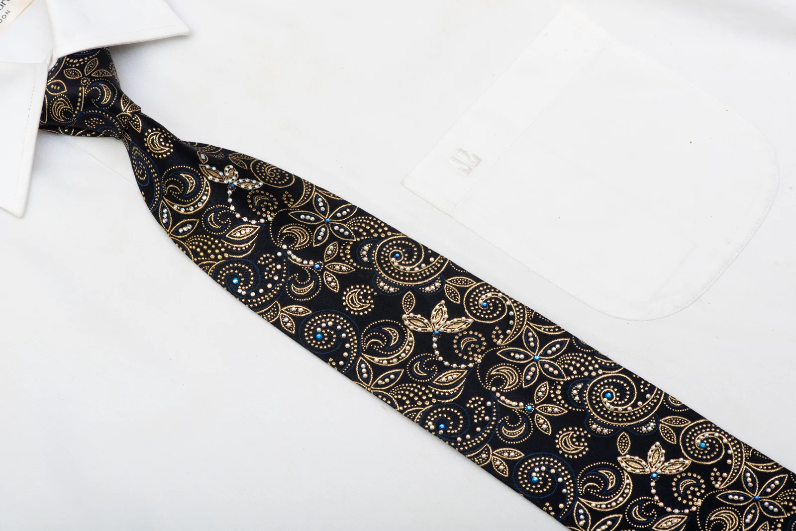 Gold Floral On Black Rhinestone Silk Necktie - Image 2