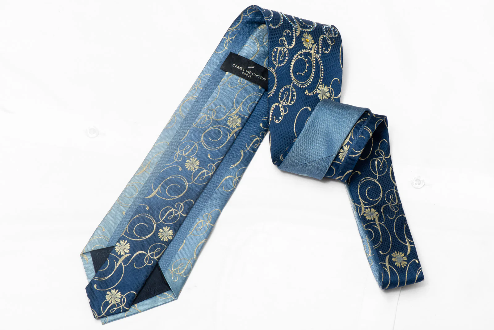 Gold Floral Scrolls On Blue Rhinestone Silk Necktie With Gold Sparkles - Image 3