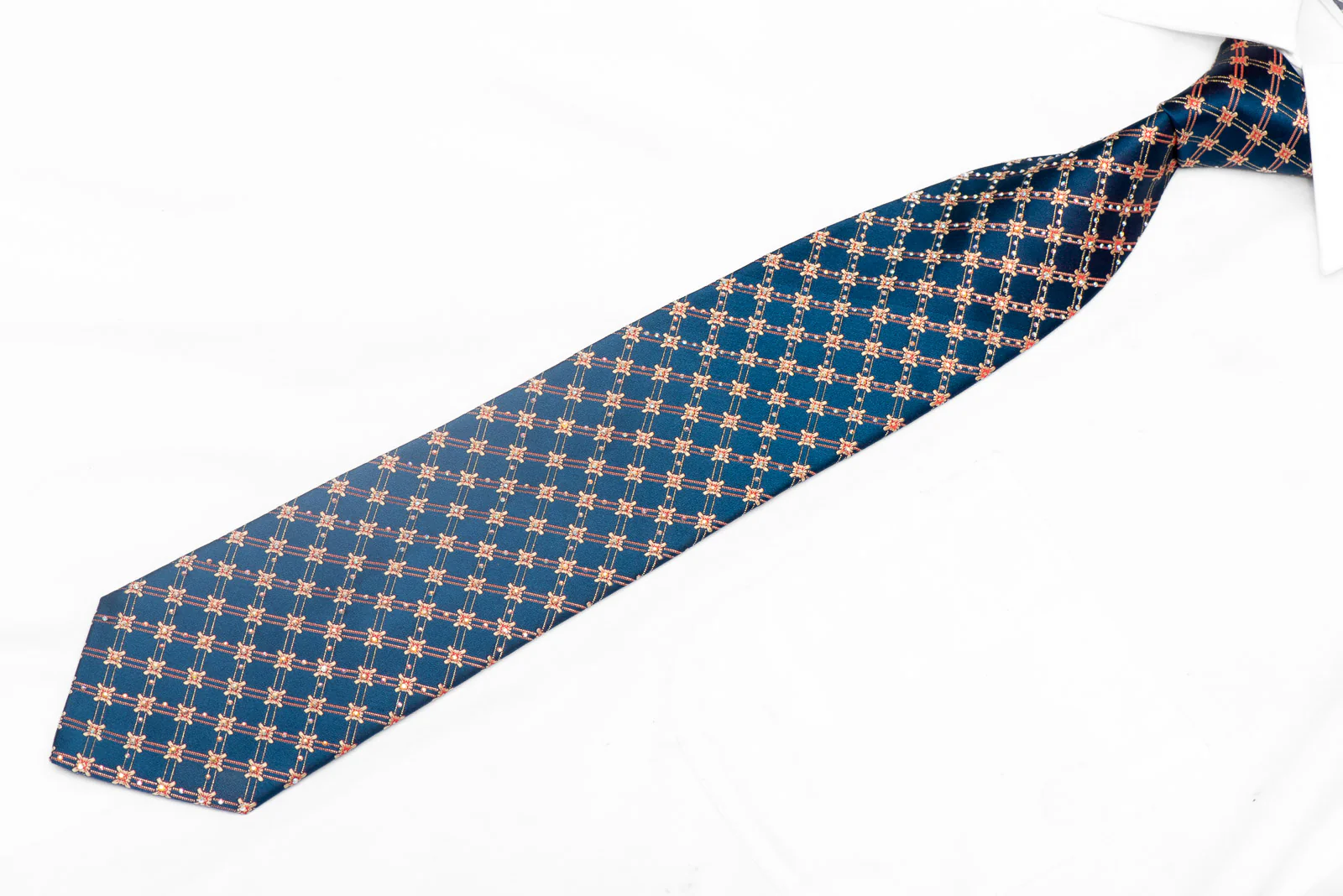 Gold Floral Trellis On Blue Rhinestone Silk Tie With Sparkles - Image 2