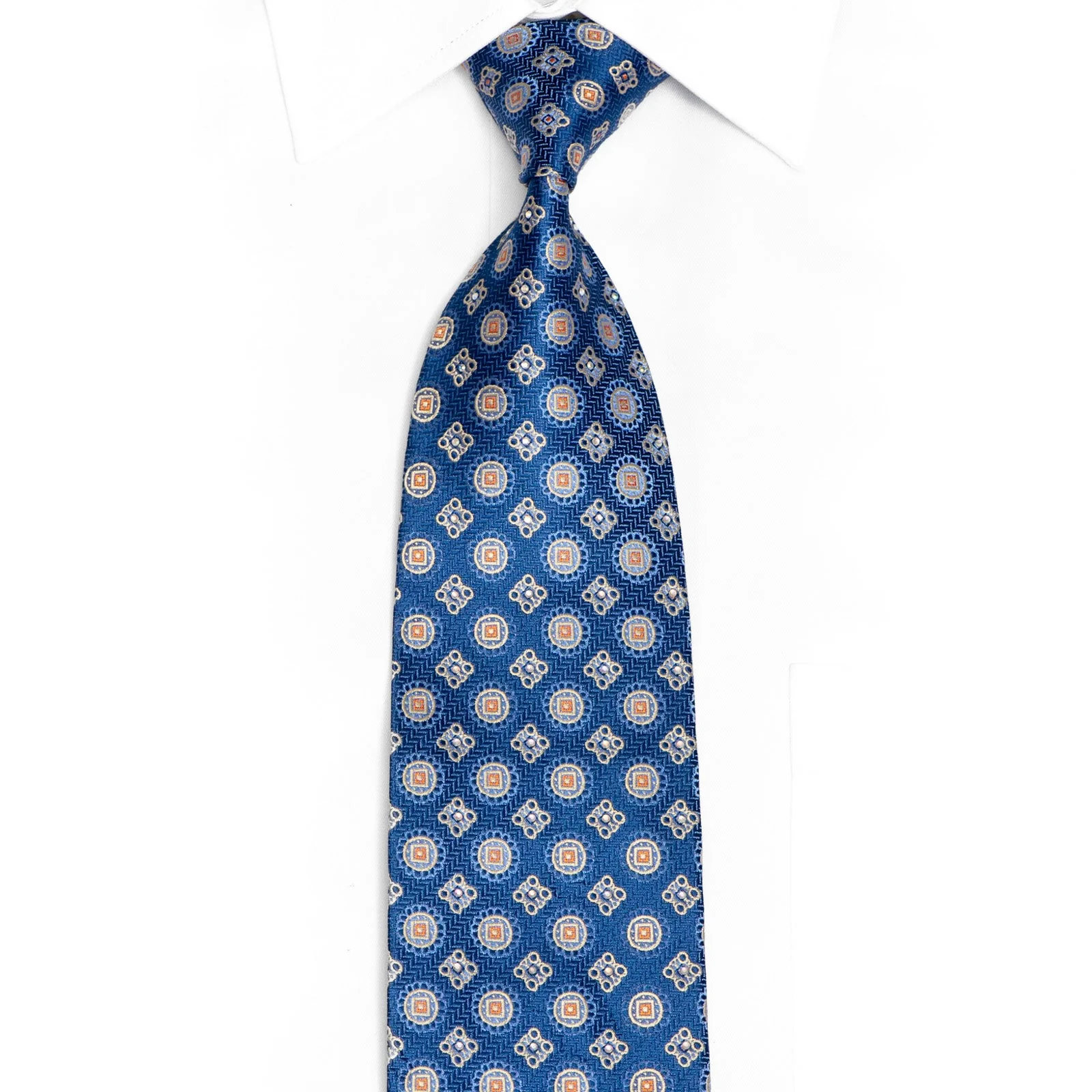 Gold Foulard On Blue Rhinestone Silk Tie