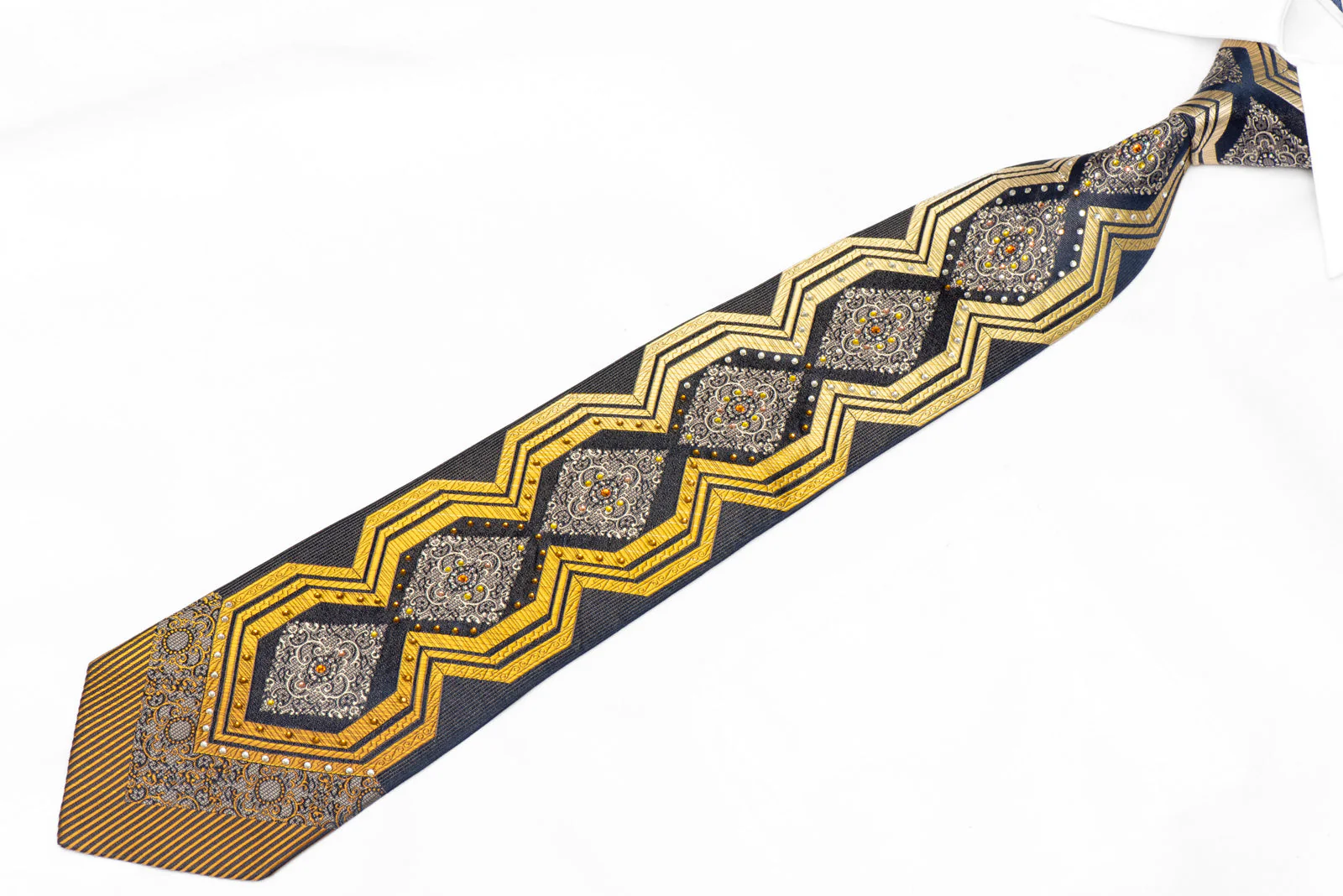 Gold Geometric And Cartouche On Navy Silk Tie With Silver Sparkles - Image 2