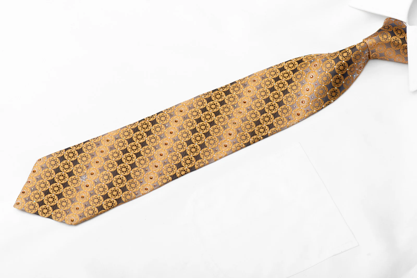 Gold Geometric On Silver Rhinestone Silk Necktie - Image 3