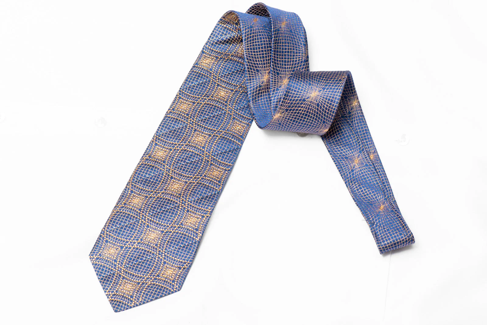 Gold Geometric Trellis Pattern On Blue Rhinestone Silk Tie With Sparkles - Image 5