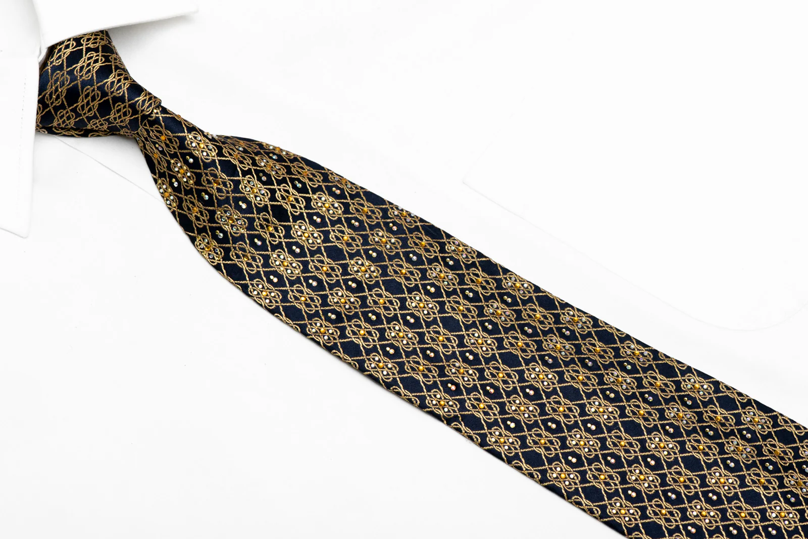 Gold Interlocking Chain On Navy Rhinestone Silk Necktie With Gold Sparkles - Image 2