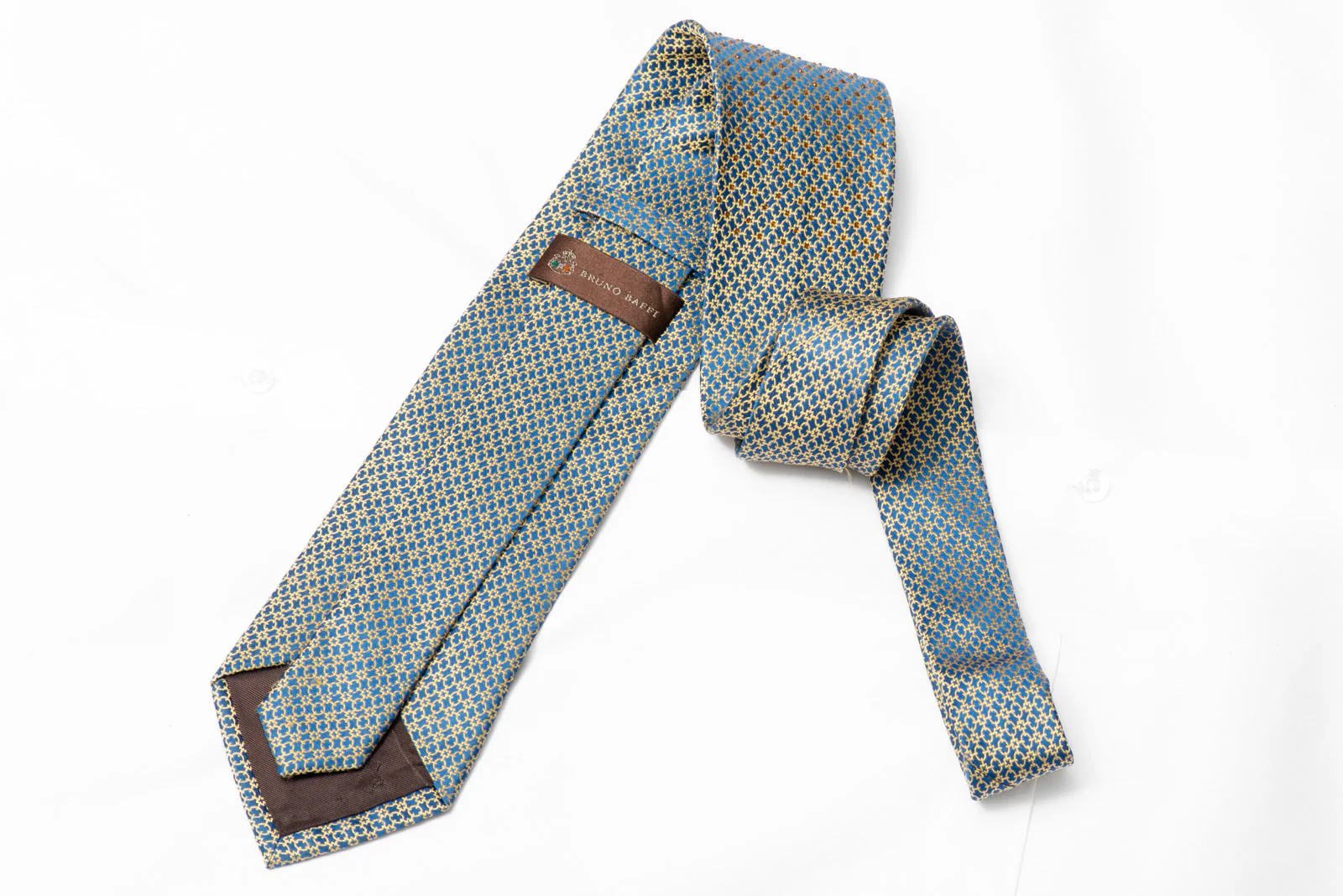 Gold Interlocking Chains On Blue Rhinestone Silk Tie - Image 3