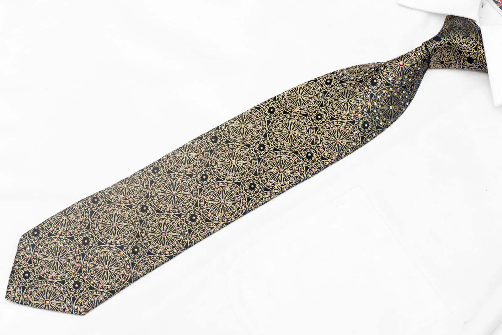 Gold Ornate Design On Navy Blue Rhinestone Silk Tie - Image 2